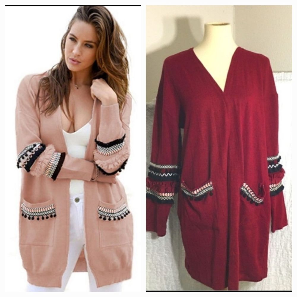 Hipster Row Burgandy Pom Pom Fringe  Cardigan Size XL